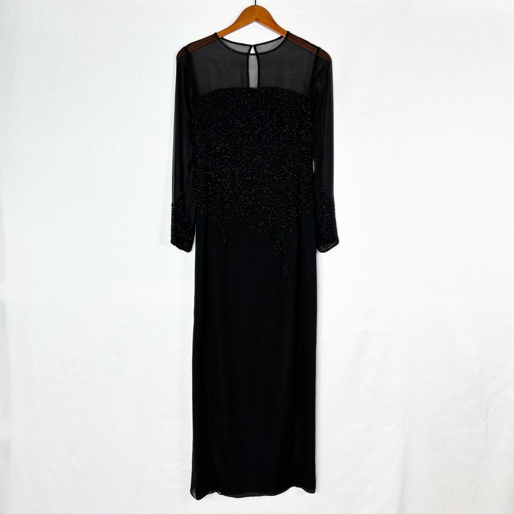 Bieff Basix Silk Beaded Maxi Dress Long Sleeve Sheer Size 8 Black‎